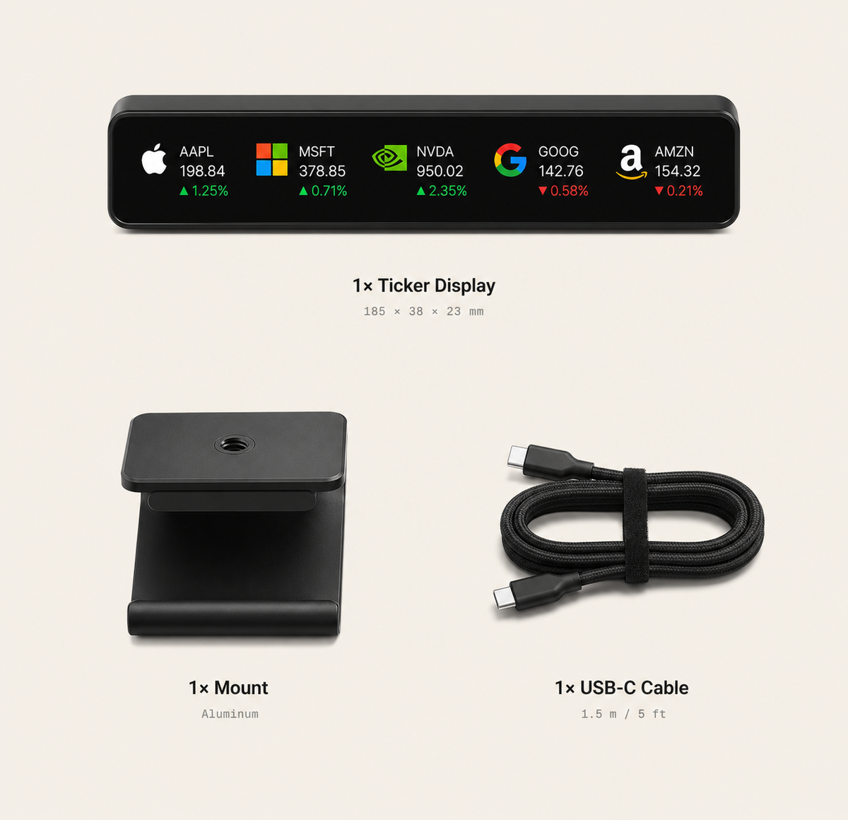 NNNW ticker display, aluminum mount, and USB-C cable