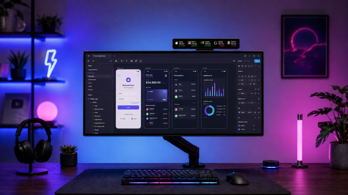 NNNW ticker display mounted above a monitor while designing