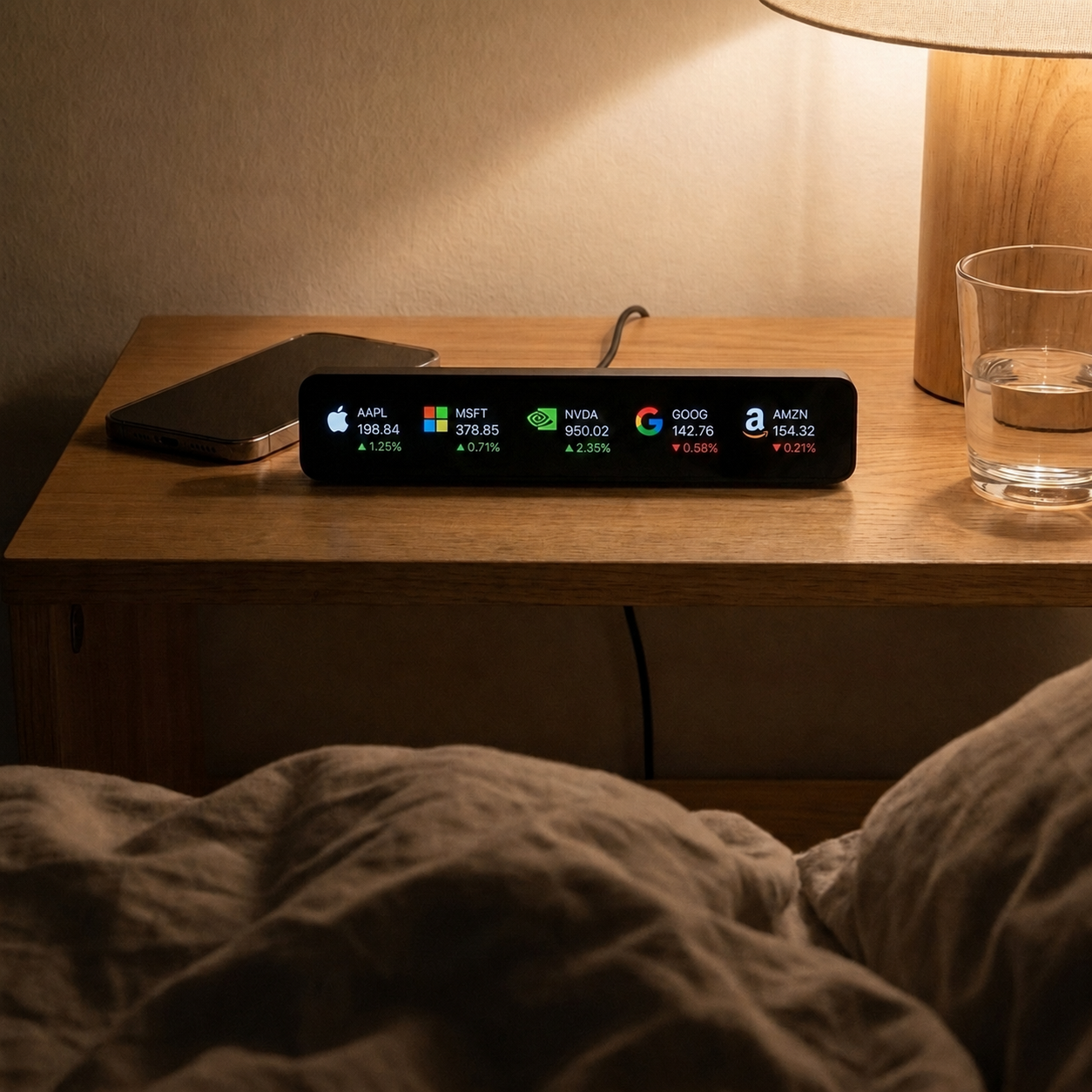 NNNW display on a bedside table with a rear-routed cable