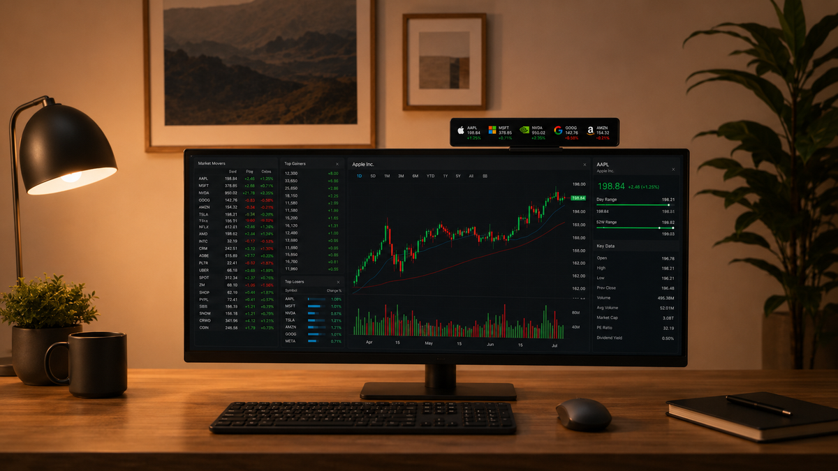 NNNW ticker display mounted above an ultrawide monitor during focused work